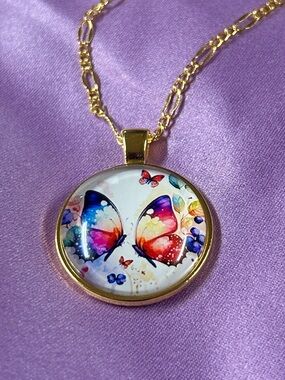 Gold Butterfly 1 inch Pendant Necklace - Multicolor Wings